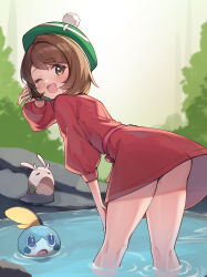 Rule 34 | 1girl, ;d, absurdres, ass, bent over, blush, bob cut, brown eyes, brown hair, commentary request, creatures (company), day, dress, eyelashes, game freak, gen 6 pokemon, gen 8 pokemon, gloria (pokemon), goomy, hand up, hat, highres, kneepits, looking at viewer, nintendo, one eye closed, open mouth, outdoors, pokemon, pokemon (creature), pokemon swsh, red dress, short hair, smile, sobble, tam o&#039; shanter, wading, water, ziro (zirorong)