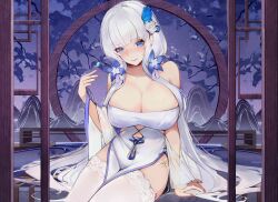 Rule 34 | 1girl, 24sui, absurdres, azur lane, bare shoulders, blue eyes, blue flower, blunt bangs, breasts, cleavage, closed mouth, collarbone, dress, eyeshadow, flower, hair flower, hair ornament, highres, illustrious (azur lane), illustrious (maiden lily&#039;s radiance) (azur lane), large breasts, long hair, looking at viewer, makeup, nail polish, panties, red nails, sitting, smile, solo, strapless, strapless dress, thighhighs, underwear, very long hair, white dress, white hair, white panties, white thighhighs