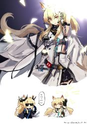 Rule 34 | 2girls, animal ear fluff, animal ears, arknights, arm strap, arm up, armor, armpits, belt, black belt, blemishine (arknights), blemishine (moon catastrborn) (arknights), blonde hair, cape, commentary, dress, genieko, headset, highres, long hair, multiple girls, nearl (arknights), nearl the radiant knight (arknights), official alternate costume, siblings, sisters, smile, sunglasses, upper body, white cape, white dress, yellow eyes