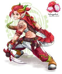 Rule 34 | 1boy, abs, absurdres, biceps, black gloves, dragon fruit, facial tattoo, fingerless gloves, full body, gloves, gradient horns, green eyes, green horns, highres, holding, holding knife, horns, knife, multicolored horns, original, pants, parted lips, pointy ears, red pants, semmya ori, shadow, shoes, smile, solo, standing, tattoo, white footwear, white pants, yellow horns