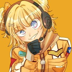 Rule 34 | astronaut, blonde hair, blue eyes, bow, close-up, double bun, gloves, hair bow, hair bun, hair ornament, hairclip, hand on own chin, head tilt, headset, highres, hololive, hololive english, long sleeves, looking at viewer, ministarfruit, multicolored eyes, official alternate costume, official alternate hairstyle, plaid, plaid bow, smile, spacesuit, upper body, virtual youtuber, watson amelia, watson amelia (astronaut), yellow background, zipper