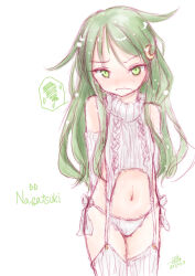 Rule 34 | 1girl, alternate costume, aran legwear, cable knit, character name, crescent, crescent hair ornament, detached sleeves, embarrassed, garter straps, green eyes, green hair, hair flaps, hair ornament, kantai collection, koshigaya tatsumi, long hair, meme attire, nagatsuki (kancolle), one-hour drawing challenge, panties, ribbed legwear, ribbed panties, ribbed sleeves, ribbed sweater, ribbed thighhighs, side-tie panties, simple background, sleeveless, sleeveless sweater, sleeveless turtleneck, solo, spoken squiggle, squiggle, standing, sweater, turtleneck, turtleneck sweater, underwear, virgin destroyer sweater, white background, white garter straps, white panties, white sweater