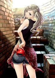 Rule 34 | 10s, 1girl, ass, blonde hair, blouse, blue eyes, brick wall, chef no kimagure salad, clothes around waist, finger to mouth, from behind, hair ornament, hairclip, highres, long hair, looking back, mask, unworn mask, persona, persona 5, plaid, plaid shirt, plaid skirt, red shirt, shirt, shirt around waist, short shorts, shorts, skirt, solo, stairs, swept bangs, takamaki anne, twintails