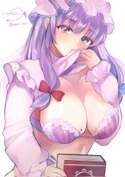 Rule 34 | 1girl, blue ribbon, blush, bra, breasts, cismlyri, commentary, crescent, crescent hat ornament, dated, eyelashes, hair ribbon, hat, hat ornament, head tilt, highres, large breasts, lifted by self, long hair, long sleeves, looking at viewer, mob cap, mole, mole on breast, patchouli knowledge, purple bra, purple eyes, purple hair, red ribbon, ribbon, shiny skin, signature, simple background, solo, standing, strapless, strapless bra, striped bra, striped clothes, touhou, tress ribbon, underwear, upper body, white background