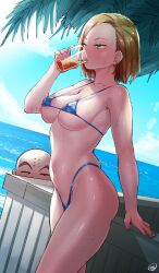 Rule 34 | 1boy, 1girl, android 18, aqua eyes, bald, bikini, blonde hair, blue bikini, blue sky, blush, born-to-die, breasts, collarbone, covered erect nipples, cowboy shot, cup, day, dragon ball, dragonball z, drink, drinking, drinking glass, dutch angle, earrings, eyelashes, feet out of frame, fingernails, groin, half-closed eyes, hand rest, hand up, hetero, hiding, highleg, highleg bikini, highres, holding, holding cup, horizon, hot, ice, ice cube, jewelry, kuririn, looking at another, medium breasts, medium hair, micro bikini, navel, nose blush, ocean, outdoors, outstretched arm, peeking out, sky, solo focus, standing, stomach, strap gap, sweat, swimsuit, thighs, walking, water