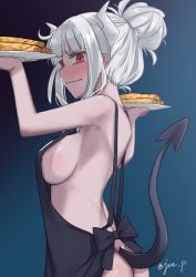 Rule 34 | 1girl, apron, ass, black apron, black tail, blue background, blunt bangs, blush, breasts, closed mouth, commentary request, demon tail, food, gradient background, helltaker, holding, holding plate, horns, looking at viewer, lucifer (helltaker), medium breasts, mole, mole under eye, naked apron, pancake, plate, ponytail, red eyes, short hair, sideboob, solo, tail, twitter username, wavy mouth, white hair, white horns, yuuki eishi