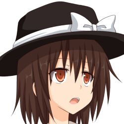 Rule 34 | 1girl, bow, brown eyes, brown hair, commentary request, fedora, gin&#039;you haru, hat, hat bow, looking at viewer, open mouth, portrait, profile picture, short hair, simple background, solo, teeth, touhou, upper body, upper teeth only, usami renko, white background, white bow