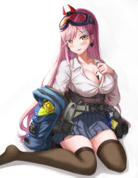 Rule 34 | 1girl, absurdres, between breasts, black thighhighs, blue jacket, blue skirt, breasts, button gap, card, earrings, electroshock weapon, girls&#039; frontline, gongbangmanchi (daisy cutter), heart, heart-shaped pupils, highres, jacket, jewelry, large breasts, less-than-lethal weapon, long hair, long sleeves, miniskirt, open clothes, open jacket, pink hair, playing card, pleated skirt, shirt, sig mcx (girls&#039; frontline), sitting, skirt, solo, symbol-shaped pupils, taser, thighhighs, wariza, white shirt