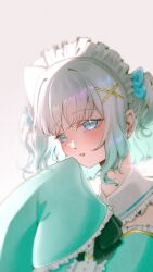 Rule 34 | 1girl, aqua hair, blue eyes, blush, commentary, english commentary, glint, gradient background, gradient hair, hair ornament, hairclip, highres, indie virtual youtuber, maid, maid headdress, medium hair, mei (hiimeiree), mint fantome, multicolored hair, parted lips, signature, sleeves past fingers, sleeves past wrists, solo, virtual youtuber, white hair