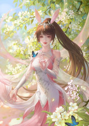 Rule 34 | 1girl, absurdres, animal ears, blue sky, branch, brown hair, bug, butterfly, douluo dalu, dress, flower, glint, hair ornament, highres, insect, leaf, looking at viewer, pink dress, ponytail, rabbit ears, second-party source, sky, solo, upper body, xiao wu (douluo dalu), yi zi zi