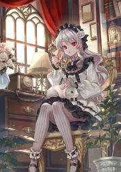 Rule 34 | 1girl, animal, animal on lap, ankle cuffs, antique phone, black bow, black footwear, blush, book, bookshelf, bow, bowtie, breasts, chair tipping, clock, commentary, cupboard, curtains, dress, flower, frilled dress, frills, full body, gothic lolita, grey pantyhose, hair between eyes, hair flower, hair ornament, hairband, highres, holding, holding phone, indoors, lampshade, lolita fashion, lolita hairband, long hair, long sleeves, looking at viewer, mary janes, medium breasts, on lap, original, pantyhose, parted lips, petting, phone, plant, potted plant, rabbit, red eyes, rose, shoes, sidelocks, signature, silver hair, sitting, solo focus, striped clothes, striped legwear, striped pantyhose, suzaku (zaku6584), vertical-striped clothes, vertical-striped pantyhose, white dress, white flower, white rose, window