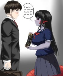 Rule 34 | 1boy, 1girl, assertive female, black hair, black sclera, blue shirt, blush, bow, bowtie, breasts, brown hair, colored sclera, colored skin, commentary, derivative work, drawfag, english text, formal, graphics card, grey background, grey skin, highres, holding, lamia, large breasts, lipstick, long hair, looking at another, makeup, monster girl, necktie, nvidia, original, parody, pleated skirt, pointy ears, marriage proposal, red eyes, scales, school uniform, sexually suggestive, shirt, simple background, skirt, snake tail, suit, suitcase, sweat, tail, upper body