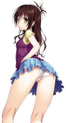 Rule 34 | 1girl, absurdres, ass, black hair, blush, cropped legs, from behind, highres, lace, lace-trimmed panties, lace trim, long hair, looking back, panties, pantyshot, partially visible vulva, short sleeves, simple background, skirt, solo, standing, thighs, to love-ru, trefoil, underwear, upskirt, white background, white panties, yabuki kentarou, yellow eyes, yuuki mikan