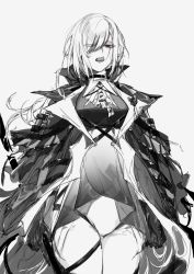 Rule 34 | 1girl, a9712mob, arknights, ascot, commentary, cropped legs, eyes visible through hair, gladiia (arknights), gloves, greyscale, hair over one eye, high collar, highres, monochrome, one eye covered, red eyes, simple background, sketch, solo, spot color, tongue, tongue out