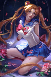 Rule 34 | 1girl, absurdres, bishoujo senshi sailor moon, blonde hair, blue eyes, blue sailor collar, blue skirt, breasts, collar, crescent moon, dress, elbow gloves, facial tattoo, flower, gloves, hair ornament, highres, large breasts, long hair, looking at viewer, md5 mismatch, moon, parted lips, petals, ponytail, reaching, reaching towards viewer, red footwear, red ribbon, ribbon, rose, sailor collar, sailor dress, sailor moon, skirt, solo, squatting, tattoo, very long hair, white gloves, y xun