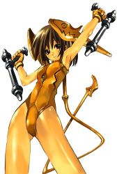 Rule 34 | 1girl, armpits, arms up, bodysuit, brown hair, copyright request, leotard, looking at viewer, lowres, nagi ryou, nunchaku, pantyhose, short hair, smile, solo, tonfa, weapon