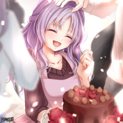 Rule 34 | 1girl, :d, apron, black shirt, blurry, blurry foreground, cake, chocolate cake, closed eyes, collarbone, dairoku ryouhei, food, hand on another&#039;s head, long hair, open mouth, purple hair, shirt, smile, solo focus, standing, white shirt, yoshiki1020