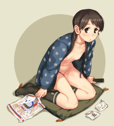 Rule 34 | 1girl, :o, bad id, bad pixiv id, black socks, blush, bottomless, breasts, brown eyes, brown hair, coat, controller, cushion, food, food on face, full body, kantai collection, kneehighs, leaning forward, long sleeves, looking at viewer, makio (makiomeigenbot), mole, mole under eye, naked coat, navel, nipples, remote control, shirayuki (kancolle), sitting, small breasts, socks, solo