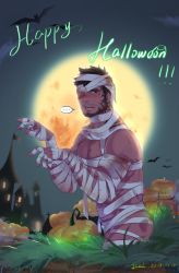 Rule 34 | 1boy, absurdres, alternate costume, avenger (dungeon and fighter), bandage over one eye, bandages, bara, beard, blush, castle, dark-skinned male, dark skin, dungeon and fighter, facial hair, feet out of frame, full moon, halloween, halloween costume, happy halloween, highres, icelernd, jack-o&#039;-lantern, looking at viewer, male focus, male priest (dungeon and fighter), mature male, moon, muscular, muscular male, naked bandage, outstretched arms, pectoral cleavage, pectorals, priest (dungeon and fighter), revealing clothes, short hair, solo, thighs, zombie pose