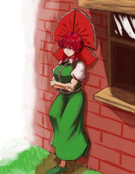 Rule 34 | 1girl, :/, alternate hairstyle, bow, braid, breasts, brick wall, china dress, chinese clothes, crossed arms, dress, full body, grass, green dress, hair bow, hong meiling, koyubi (littlefinger1988), large bow, large breasts, no headwear, no headwear, outdoors, puffy short sleeves, puffy sleeves, red hair, shoes, short sleeves, solo, standing, standing on one leg, touhou, twin braids, window