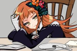 Rule 34 | 1girl, bandaged arm, bandaged hand, bandages, black dress, book, bow, chair, dress, eyeliner, eyeshadow, facial tattoo, fire emblem, fire emblem engage, flower, fork, hair bow, hair flower, hair ornament, hand in own hair, highres, knife, leaning on table, long hair, makeup, napkin, nintendo, oda32t, orange hair, panette (fire emblem), plate, sitting, solo, tattoo, yellow eyes