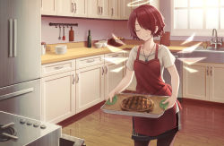 Rule 34 | 1girl, anidante, apple pie, arknights, black skirt, breasts, brown pantyhose, closed eyes, commentary, cowboy shot, exusiai (arknights), food, hair over one eye, halo, highres, holding, holding tray, indoors, kitchen, pantyhose, pie, red hair, shirt, short hair, short sleeves, skirt, small breasts, solo, standing, tray, white shirt, wings