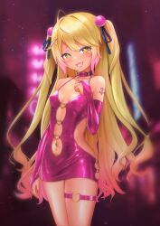 Rule 34 | 1girl, absurdres, ahoge, alternate costume, alternate hair color, alternate skin color, amamiya kokoro, armpit crease, bare shoulders, bell, blonde hair, blush, bodycon, breasts, bridal gauntlets, clothing cutout, collar, commentary request, covered erect nipples, dress, fang, gradient hair, hair bell, hair ornament, hair ribbon, highres, ishi no shita, jingle bell, long hair, looking at viewer, multicolored hair, naughty face, navel, navel cutout, navel piercing, nijisanji, open mouth, outdoors, piercing, pink collar, pink dress, pink hair, revealing clothes, revision, ribbon, shiny clothes, skin fang, small breasts, smile, solo, tan, tattoo, thigh strap, twintails, variant set, very long hair, virtual youtuber, x hair ornament, yellow eyes