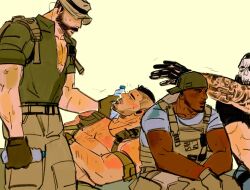 Rule 34 | 4boys, backpack, bag, bara, baseball cap, beard stubble, black hair, bottle, call of duty, call of duty: modern warfare 2, can to cheek, captain price, chest hair, dark-skinned male, dark skin, exhausted, facial hair, gaz (call of duty 4), ghost (modern warfare 2), hat, highres, hot, lying, male focus, mask, mature male, multiple boys, muscular, muscular male, mustache stubble, on back, pectoral cleavage, pectorals, reaching, short hair, skull mask, soap (modern warfare 2), stubble, thick eyebrows, undercut, undressing, valiants, water bottle