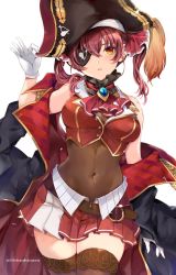 Rule 34 | 1girl, arm up, ascot, bare shoulders, belt, black coat, blouse, breasts, brooch, brown thighhighs, cleavage, coat, covered navel, cowboy shot, crop top, eyepatch, gloves, gold trim, hand on headwear, hat, highres, holding, hololive, houshou marine, jewelry, large breasts, leotard, leotard under clothes, long hair, looking at viewer, midriff, miniskirt, off shoulder, open clothes, open coat, orange eyes, parted lips, pirate, pirate hat, pleated skirt, red hair, red shirt, red skirt, see-through, see-through cleavage, see-through leotard, shirt, skirt, sleeveless, sleeveless shirt, solo, soraneko hino, thighhighs, twintails, virtual youtuber, white gloves, zettai ryouiki