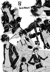 Rule 34 | 10s, 1boy, amamiya ren, bag, black hair, blush, closed eyes, full body, glasses, gloves, greyscale, highres, looking at viewer, male focus, mask, monochrome, open mouth, persona, persona 5, reckless dog, school uniform, short hair, smile