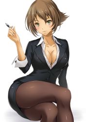 Rule 34 | 10s, 1girl, blush, breasts, brown hair, business suit, buttons, cleavage, collarbone, collared shirt, female focus, formal, green eyes, jacket, kantai collection, large breasts, crossed legs, light smile, long sleeves, mutsu (kancolle), office lady, pantyhose, pen, pencil skirt, sakiyamama, shirt, short hair, simple background, sitting, skirt, solo, suit, white background, white shirt