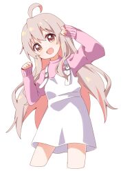 Rule 34 | 1girl, :d, ahoge, clenched hand, colored inner hair, commentary, cowboy shot, cropped legs, grey hair, hair over shoulder, hand up, haru (konomi 150), highres, light blush, long hair, long sleeves, looking at viewer, multicolored hair, onii-chan wa oshimai!, open mouth, orange eyes, overalls, oyama mahiro, pink hair, pink sweater, sidelocks, simple background, sleeves past wrists, smile, solo, standing, sweater, two-tone hair, white background, white overalls