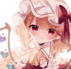 Rule 34 | 1girl, alternate wings, ascot, backlighting, blonde hair, cacao (cacaomgmg), clenched hands, closed mouth, collared shirt, flandre scarlet, frilled shirt collar, frilled skirt, frilled sleeves, frills, hat, looking at viewer, medium hair, mob cap, pout, puffy short sleeves, puffy sleeves, purple eyes, red skirt, red vest, shirt, short sleeves, simple background, skirt, solo, touhou, upper body, vest, white background, white hat, white shirt, wings, wrist cuffs, yellow ascot