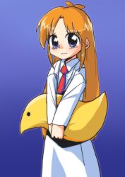 Rule 34 | 1990s (style), 1girl, absurdres, blonde hair, blue background, blush, coat, commentary, fukuokasaga, gradient background, highres, holding, holding toy, lab coat, long hair, looking at viewer, necktie, nichijou, own hands together, professor shinonome, purple eyes, red necktie, retro artstyle, shirt, sidelocks, solo, toy, white coat, white shirt