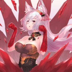 1girl, animal ear fluff, animal ears, bangs, bare arms, bare shoulders, breasts, brooch, cat ears, cat girl, cleavage, collarbone, detached collar, eyelashes, green eyes, hair between eyes, highres, impossible clothes, impossible leotard, jewelry, king&#039;s raid, kirze, large breasts, leotard, long hair, looking at viewer, open mouth, panties, panty pull, red eyes, scales, silver hair, solo, strapless, strapless leotard, underwear, v-shaped eyebrows, yu mochi (kamiinu)