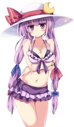 Rule 34 | 1girl, :/, alternate hairstyle, alternate headwear, bikini, bikini skirt, blush, bow, bracelet, breast rest, breasts, cleavage, collarbone, crescent, frilled bikini, frills, front-tie top, hair bow, hair ornament, hat, hat ribbon, highres, jewelry, jitome, long hair, looking at viewer, low twintails, maturiuta sorato, navel, necklace, panties, patchouli knowledge, pendant, pink eyes, purple bikini, purple hair, ribbon, simple background, solo, sun hat, swimsuit, touhou, twintails, underwear, white background