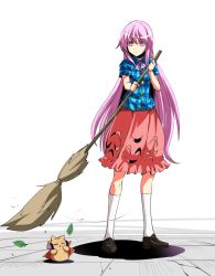 Rule 34 | 1girl, animalization, bird, black footwear, broom, bubble skirt, expressionless, full body, hata no kokoro, highres, kakao (noise-111), leaf, loafers, long hair, looking at another, pink eyes, pink hair, pink skirt, plaid, plaid shirt, shirt, shoes, short sleeves, sidelocks, skirt, socks, solo, sweeping, touhou, toyosatomimi no miko, very long hair, white socks