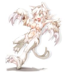 Rule 34 | 1girl, animal ears, claws, frfr, fur, green eyes, heterochromia, midriff, monster girl, open mouth, original, red eyes, simple background, solo, tail