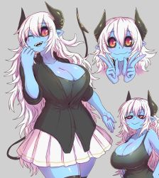 Rule 34 | 1girl, aohada bocchi, black horns, black sclera, black tail, black tank top, black thighhighs, blue skin, blush, breasts, cocked eyebrow, colored sclera, colored skin, curvy, demon girl, demon horns, demon tail, double v, eyebrows, hands on own hips, highres, horns, huge breasts, long hair, one eye closed, open hand, pointy ears, red eyes, ruri (aohada bocchi), sharp teeth, skirt, smile, tail, tank top, teeth, thighhighs, thighs, unbuttoned, unbuttoned shirt, v, white hair, white skirt, zyugoya