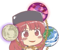 Rule 34 | 1girl, bare shoulders, black shirt, blush, chain, chibi, dot nose, earth (ornament), gold chain, gyate gyate, hecatia lapislazuli, ikiyouz, legacy of lunatic kingdom, lowres, moon (ornament), open mouth, red eyes, red hair, shirt, smile, solo, touhou, transparent background