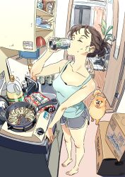 Rule 34 | 1girl, barefoot, blue tank top, bottle, bowl, breasts, can, cardboard, chopsticks, closed eyes, collarbone, curtains, dog, dolphin shorts, drinking, dumpling, fisheye, food, frying pan, grey shorts, hair behind ear, highres, holding, holding can, indoors, kariya (kry aia), open door, original, plant, shorts, small breasts, solo, stove, sweat, table, tail, tail wagging, tank top