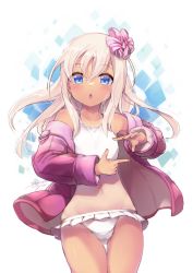 Rule 34 | 1girl, bikini, blonde hair, blue eyes, blush, bow, collarbone, commentary request, cowboy shot, frills, gluteal fold, hair between eyes, hair bow, hair ornament, highres, jacket, kantai collection, long hair, long sleeves, looking at viewer, n:go, off shoulder, one-piece tan, open clothes, open jacket, open mouth, pink jacket, ro-500 (kancolle), simple background, solo, swimsuit, tan, tanline, thigh gap, white background, white bikini