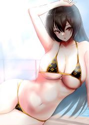 Rule 34 | 1girl, absurdres, bikini, black bikini, black hair, breasts, cleavage, commentary request, floral print, highres, kantai collection, large breasts, long hair, looking at viewer, lying, micro bikini, nagato (kancolle), on side, red eyes, shamo (ptwmjgda), solo, swimsuit