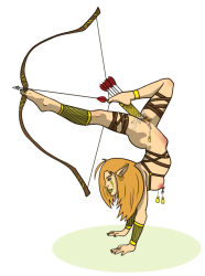 Rule 34 | 1girl, anwen, arm guards, arrow (projectile), bare hips, bare shoulders, barefoot, belt, blonde hair, bow (weapon), bracelet, breasts, clash of heroes, elf, feet above head, female pervert, functionally nude, green eyes, green lips, green nails, handstand, heroes of might and magic, heroes of might and magic v, holding, holding weapon, jewelry, leather belt, lipstick, long hair, makeup, medium breasts, might and magic, nail polish, nipple piercing, nipples, no bra, no headwear, no panties, no pants, no shoes, nude, object insertion, pervert, piercing, pointy ears, pussy, pussy juice, pussy juice drip, pussy piercing, quiver, rivawi, solo, vaginal, vaginal object insertion, weapon
