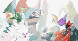 Rule 34 | abomasnow, alternate color, black eyes, blue eyes, claws, colored sclera, commentary request, creatures (company), cresselia, fireblast, game freak, gen 2 pokemon, gen 3 pokemon, gen 4 pokemon, highres, insect wings, legendary pokemon, mega abomasnow, mega pokemon, mega salamence, mega sceptile, mega scizor, nintendo, no humans, open mouth, pokemon, pokemon (creature), purple sclera, rock, salamence, sceptile, scizor, sharp teeth, shiny pokemon, sitting, tail, teeth, unown, unownglyphics, white background, wings, yellow sclera