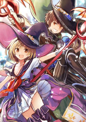 Rule 34 | 1boy, 1girl, :d, black thighhighs, blonde hair, breasts, brown eyes, cleavage, collarbone, commentary request, djeeta (granblue fantasy), dress, gloves, gran (granblue fantasy), granblue fantasy, hat, highres, holding, holding staff, large breasts, looking at viewer, open mouth, panties, pantyshot, puffy short sleeves, puffy sleeves, short hair, short sleeves, smile, staff, tareme, thighhighs, underwear, warlock (granblue fantasy), white gloves, white panties, witch hat, yon (letter)