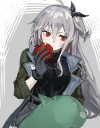 Rule 34 | 1girl, ahoge, apple, arknights, black bow, black gloves, black shirt, border, bow, commentary request, eating, food, fruit, gloves, green jacket, grey background, grey hair, grey skirt, hair bow, highres, holding, holding food, holding fruit, jacket, jewelry, long hair, mokuro3m, necklace, one side up, red eyes, shirt, simple background, skadi (arknights), skadi (the next afternoon tea) (arknights), sketch, skirt, solo, stuffed animal, stuffed toy, white background