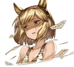 Rule 34 | 10s, 1girl, :d, alternate costume, animal print, bad id, bad twitter id, bare shoulders, benitama, blonde hair, breasts, cleavage, collarbone, djeeta (granblue fantasy), fake horns, granblue fantasy, hairband, horns, money, no nose, ogre (granblue fantasy), open mouth, short hair, simple background, smile, solo, upper body, white background, yellow eyes, zebra print