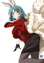 Rule 34 | 1girl, animal ears, belt, belt buckle, black belt, black gloves, black pantyhose, black skirt, blush, breasts, buckle, coat, cowboy shot, curly hair, dot nose, from side, fur-trimmed coat, fur trim, gloves, green hair, highres, holding, holding clothes, holding coat, idolmaster, idolmaster million live!, idolmaster million live! theater days, jacket, knee up, large breasts, light smile, looking at viewer, looking to the side, medium hair, miniskirt, official alternate costume, orange eyes, pantyhose, parted bangs, parted lips, ponpon, rabbit ears, red jacket, sidelocks, signature, simple background, skirt, sleeves past elbows, solo, tokugawa matsuri, white background