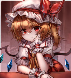 Rule 34 | 1girl, absurdres, ascot, closed mouth, commentary request, crystal, dated, flandre scarlet, hat, hat ribbon, highres, looking at viewer, medium hair, mob cap, one side up, red eyes, red ribbon, ribbon, short sleeves, signature, solo, top-exerou, touhou, upper body, white hat, wings, wrist cuffs, wristband, yellow ascot